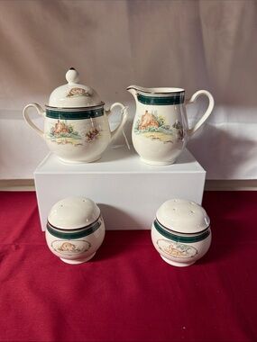Cream Ceramic Tea Set with Green Trim - 4-Piece Home Dining Collection